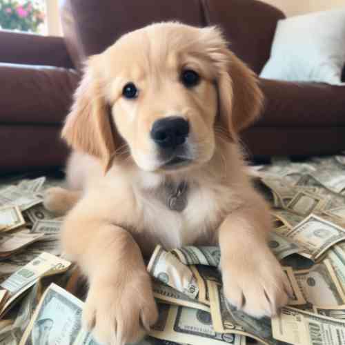 Dog lying in a lot of money